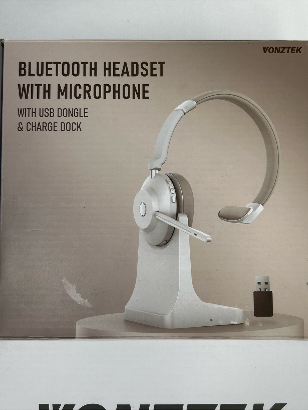 White Bluetooth Headset with Microphone & Charging Dock